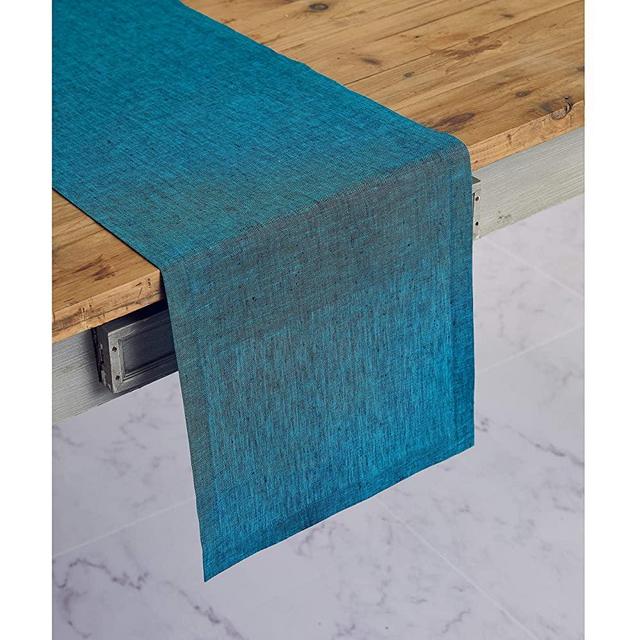Solino Home 100% Pure Linen Table Runner – 14 x 108 Inch Athena, Handcrafted from European Flax, Natural Fabric Runner – Chambray Teal