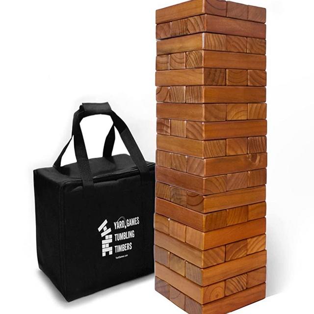 Yard Games Large Jr. Tumbling Timbers Wood Stacking Party Tailgate Backyard Game Indoor Outdoor with Carrying Case for Kids Adults, 21 Inch, Stained