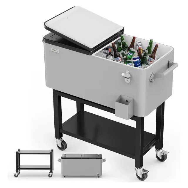 VINGLI Patio Cooler, Rolling Ice Chest on Wheels, Portable Patio Party Bar Drink Cooler Cart, with Shelf, Beverage Pool with Bottle Opener,Water Pipe