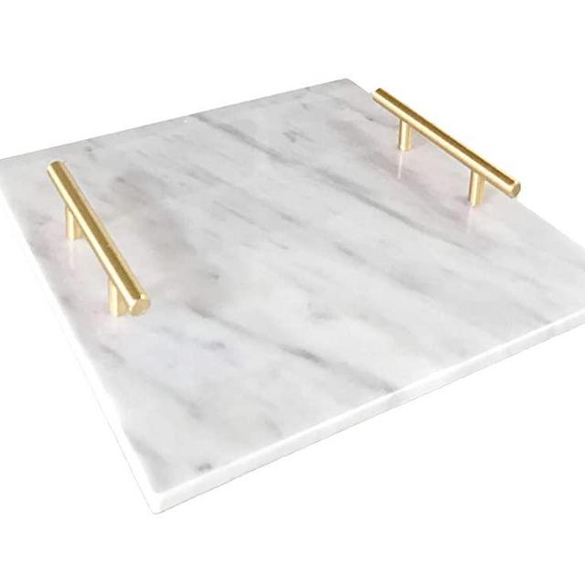 Cararra Blanco Marble Slab Cheese Board with Brushed Metal Handles (Brushed Gold)