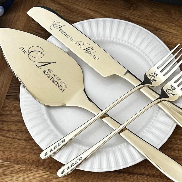 Personalized Wedding Cake Set Custom Engraved Silver Pie Pastry Cutting Kit Anniversary Housewarming Keepsake for Couple Forks, Knife Sliver
