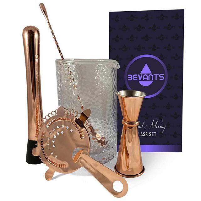 Bevants Cocktail Mixing Glass Bar Set - Bartender Kit Copper -24 oz Crystal Martini Mixing Glass for Home Bar - 5 Piece Bar Accessories- Strainer, Bar Spoon, Jigger and Muddler. Great Gift
