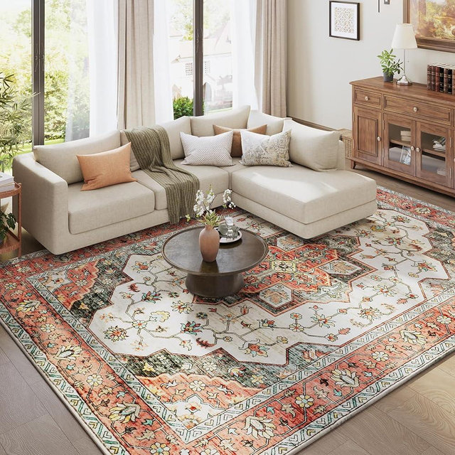 TECHMILLY 8x10 Washable Area Rug, Large Boho Rugs for Living Room, Soft Indoor Rug with Non Slip Backing, Stain Resistant Vintage Accent Rugs for Bedroom, Low Pile Durable Rugs for Dining Room