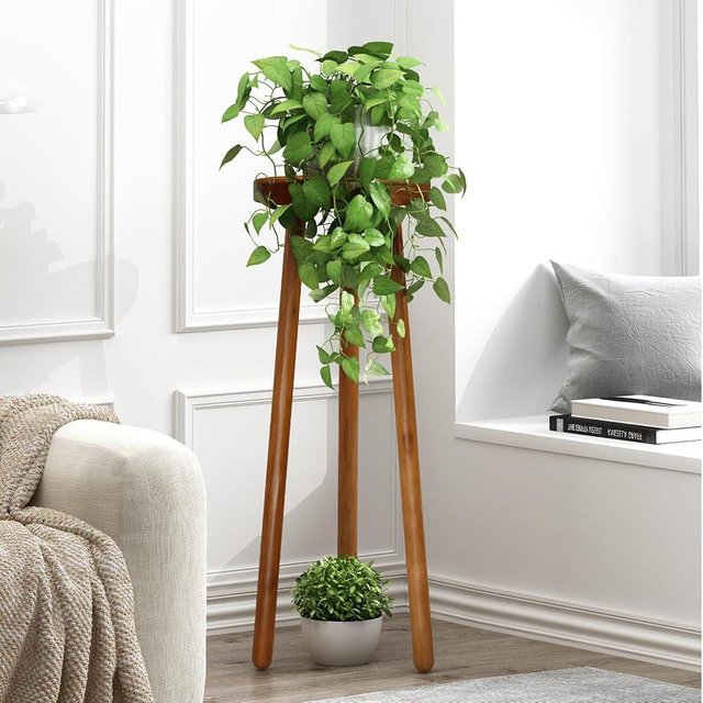 JOLLYMER 11.8" Round 30" Tall Wood Plant Stand | Teak Wood Accent Stool | Accent Table |Side Table