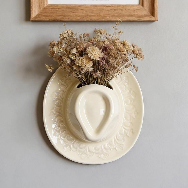 Ceramic Cowboy Hat Vase - 8.2" Beige Handmade Hanging Flower Planter, Western Boho Room Decor & Coastal Cowgirl Aesthetic Wall Art for Home Decor