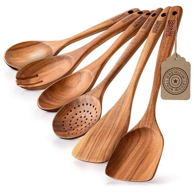 Luxury Teak Wood Utensil Set - Elegant 6-Piece Cooking Ensemble Including Spoons, Server, Scraper & Spatula - Expertly Crafted for Culinary Excellence