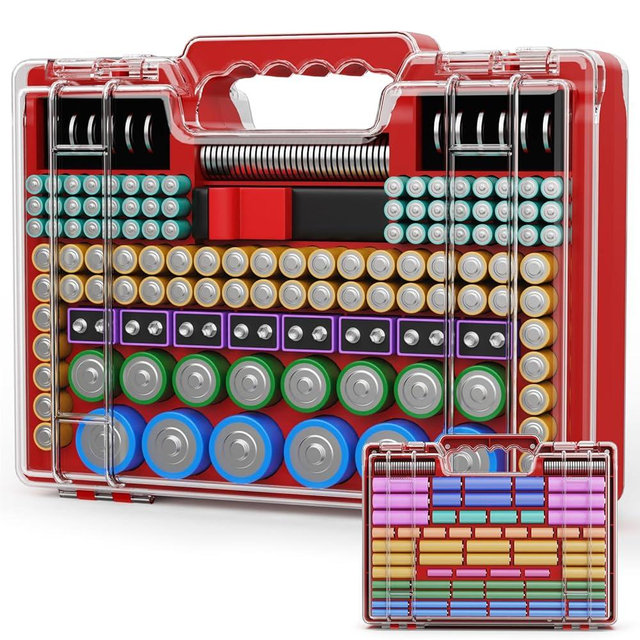 Vecefy Battery Organizer Storage Case with Tester, Ultra-Large 265+ Double-Sided Batteries Container with Handle, Holds AA AAA 4A 23A C D Cell 3V 9V Lithium CR3 4LR44 CR123A 18650 (Red)