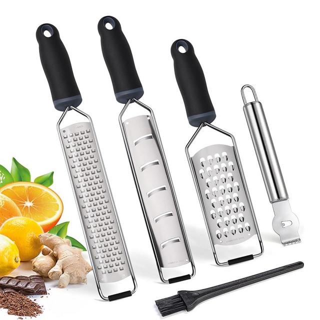 ALLWIN-HOUSEWARE Cheese Grater Zester Set of 5, 304 Stainless Steel with TPE Handle Kitchen Grater & Peeler & Slicer for Cheese, Lemon, Ginger, Garlic, Nutmeg, Fruits, Vegetables, Chocolate