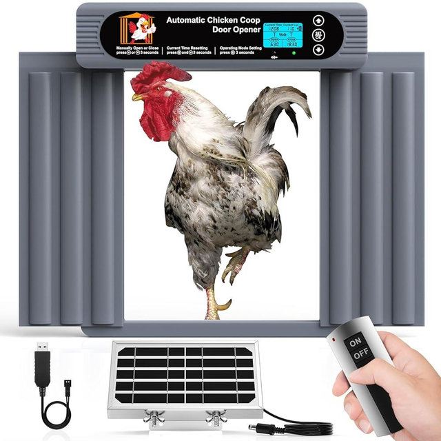 GROPOW Automatic Chicken Coop Door, Extra Large Size, Anti-Pinch Design,Programmable Timer & Light Sensor Modes, Large LCD Display, Solar Powered Auto Chicken Door Opener (50m)