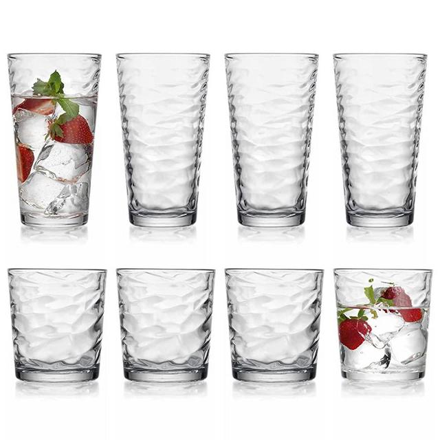 Glaver’s Origami Glassware Drinking Glasses Set Of 8 by Glaver’s 4 Highball (17 oz.) Kitchen Glasses 4 (13 oz.) Rocks Glass Cups for Water, Juice, and Cocktails, Dishwasher Safe