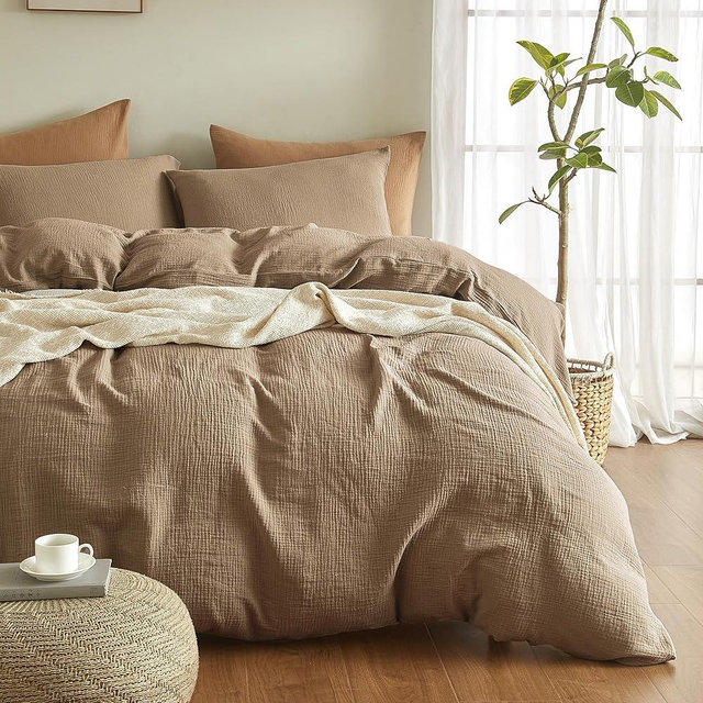 SE SOFTEXLY Muslin Duvet Cover King Size, 100% Washed Cotton Duvet Cover Set, Ultra Soft Comforter Cover Linen Like, 3 Pieces Minimalist Gauze Duvet Cover with 2 Pillowcases, 90"x104", Light Brown