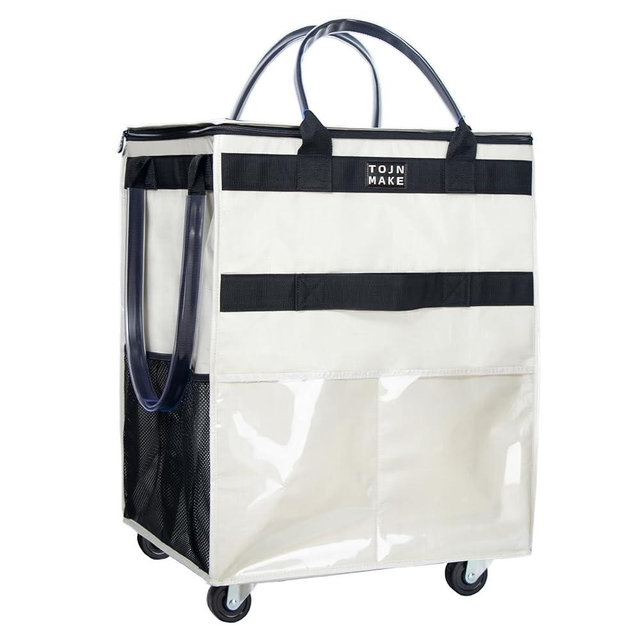 TOJNMAKE Reusable Grocery Bag On Wheels Shopping Trolley with 8 Pockets and Zipper Cover Foldable Rolling Tote, Heavy Duty Handles, Carries Up to 66 LBS (Large, Beige)