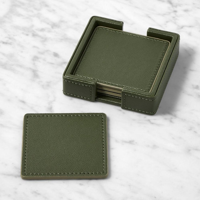 Faux Shagreen Coasters with Holder, Olive, Set of 4