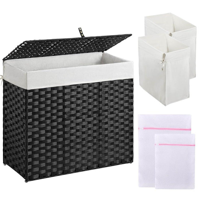 Greenstell Laundry Hamper with Lid, 125L Laundry Basket with 2 Removable Liner Bags & 2 Mesh Bags, Handwoven Synthetic Rattan Clothes Hamper for Clothes, Toys in Bathroom, Bedroom, Foldable, Black