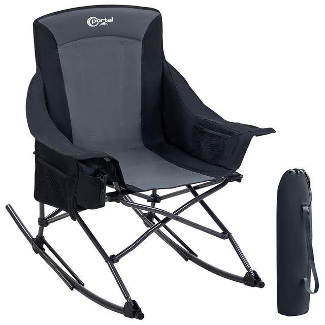 Portal Heavy Duty Rocking Camping Chair, Folding Outdoor Rocker with Cup Holder & Side Pocket, 350 lbs Support, for Camping, Sports, Backyard, Black