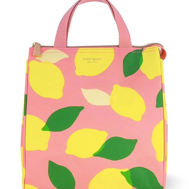 Kate Spade New York Cute Lunch Bag for Women, Large Capacity Lunch Tote, Pink Adult Lunch Box with Silver Thermal Insulated Interior Lining and Storage Pocket, Lemon Toss