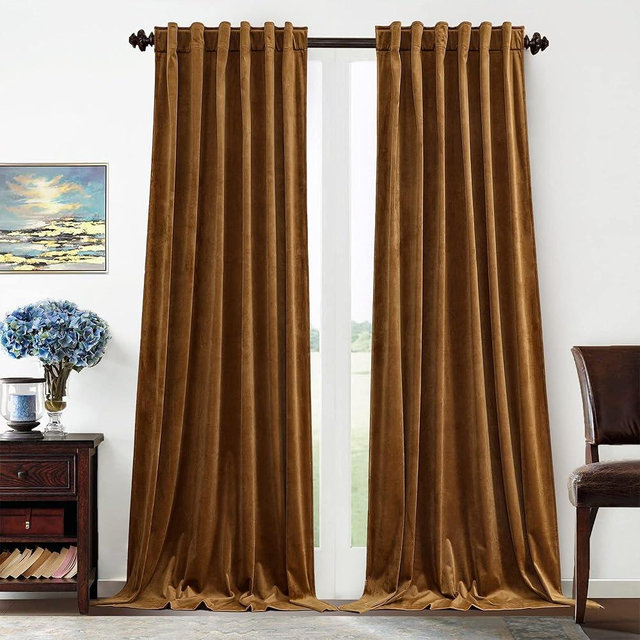 Benedeco Gold Brown Velvet Curtains for Bedroom Window with Back Tab, Super Soft Vintage Luxury Heavy Drapes, Room Darkening Thermal Insulated Curtain for Living Room, W52 by L90 inches, 2 Panels