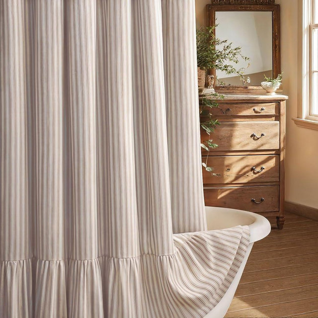 XOGUIBO Farmhouse Shower Curtain with Ruffle Hem Linen Shower Curtains for Bathroom Country Vintage Rustic Natural Fabric, Cream-Brown Stripe 72" W x 78" L