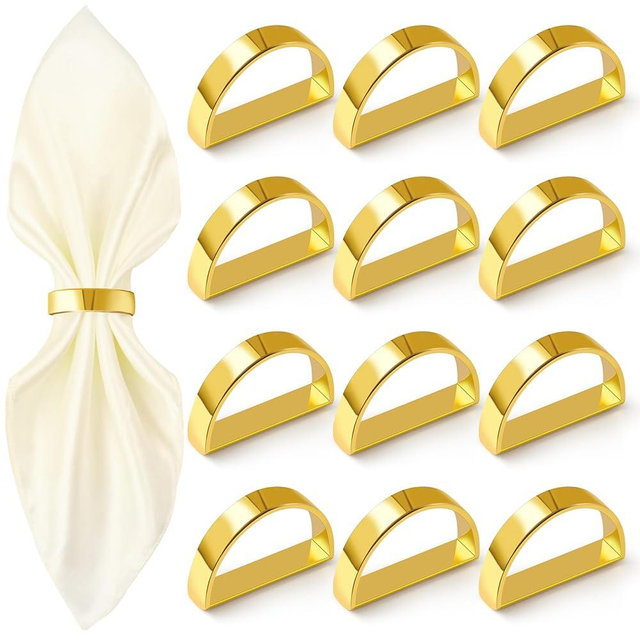 Gold Napkin Rings Set of 12, Semicircle Metal Bright Gold Napkin Holder Buckles, Fall Thanksgiving Christmas Napkin s Rings for Dinner Table Decor, Wedding, Banquet, Party, Easter