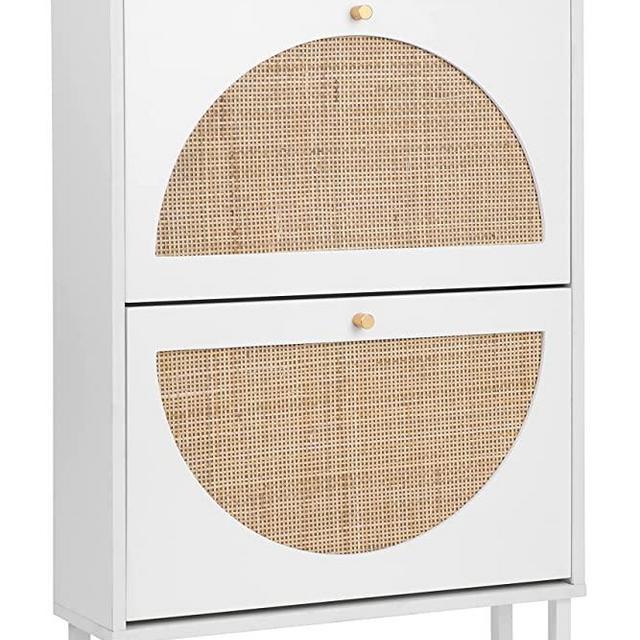 Natural Rattan Shoe Cabinet with 2 Flip Drawers, White Free Standing Shoe Racks Storage Cabinet with Metal Legs, Shoe Organizers Entrance Hallway Shoe Rack Cabinet for Heels, Boots, Slippers (White)