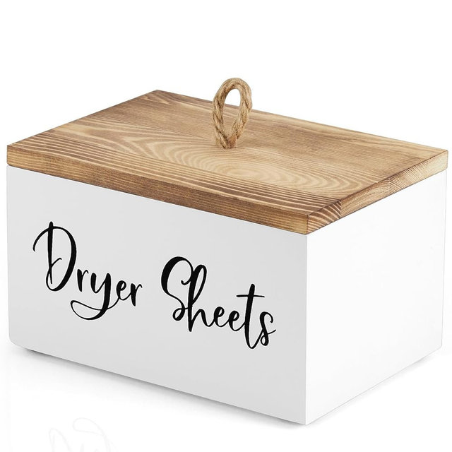 Bivvclaz Dryer Sheet Holder, Wooden Laundry Sheets Container, Laundry Room Organization and Storage for Farmhouse Laundry Room Decor and Accessories, Fabric Sheet Holder, White
