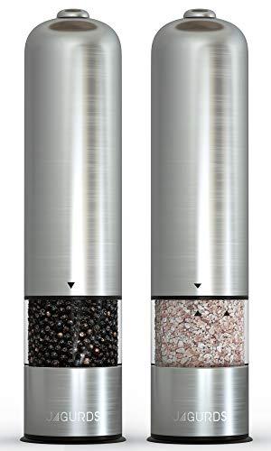 Electric Salt and Pepper Grinder Set - Automatic, Refillable, Battery Operated Stainless Steel Spice Mills with Light - One Handed Push Button Peppercorn Grinders and Sea Salt Mills