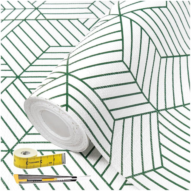 Green Geometric line Pattern Shelf Liners, Non-Adhesive and Anti-Slip Thickened Drawer Liners, Easy to Clean, Kitchen cabinets, toolboxes, refrigerators, Including Tools. 12×236.22 inches.