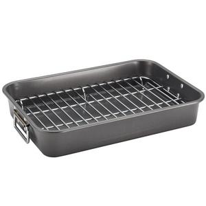 Meyer - Farberware Nonstick Bakeware 11-Inch x 15-Inch Roaster with Flat Rack, Gray