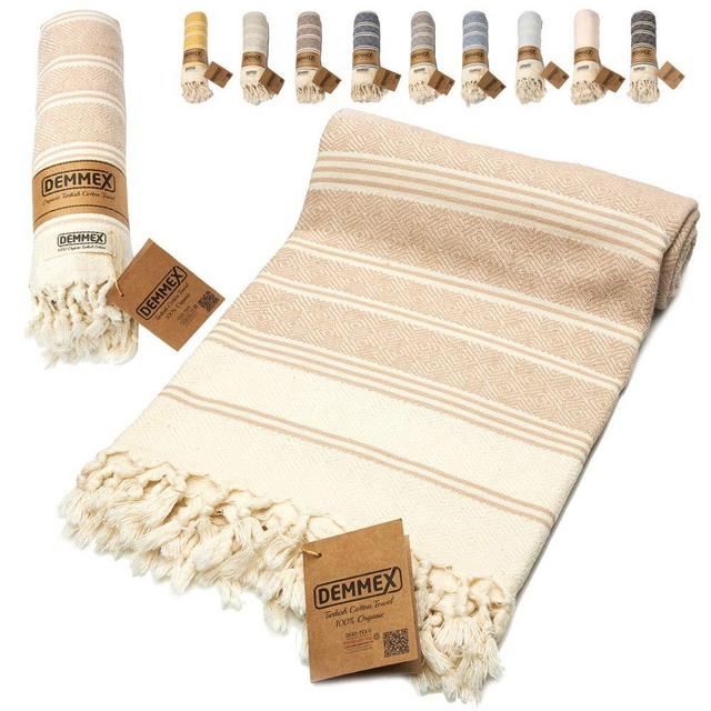DEMMEX Certified 100% Organic Cotton & Organic Dye Prewashed XL Diamond Weave Turkish Cotton Towel Peshtemal Blanket for Bath,Beach,Pool,SPA,Gym, 71x36 Inches (Beige)
