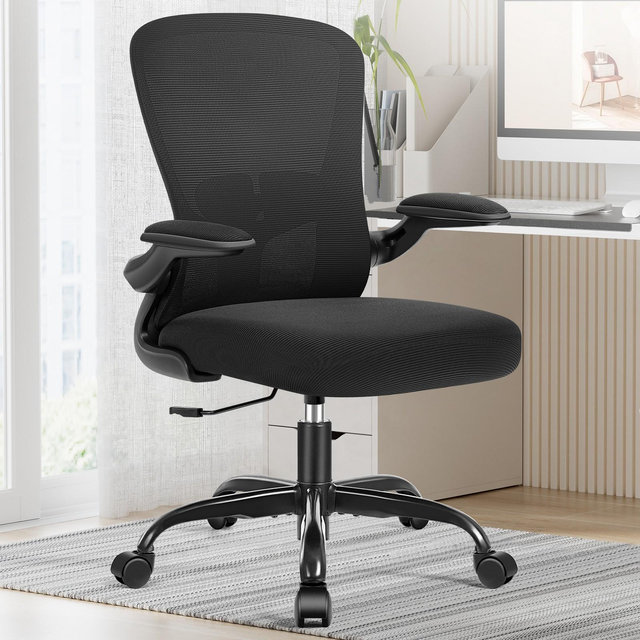 KERDOM Office Chair, Ergonomic Desk Chair with Adjustable Lumbar Support, High Back Mesh Computer Chair with Flip-up Armrests, Black