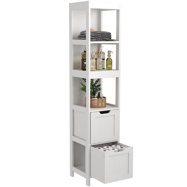 HOMEFORT Bathroom Storage Cabinet, Slim Tall Cabinet, Narrow Floor Cabinet Organizer, Wooden Linen Tower with 2 Drawers and 3 Shelves, Freestanding Storage Cupboard (White) 11.8" D x 11.8" W x 57" H