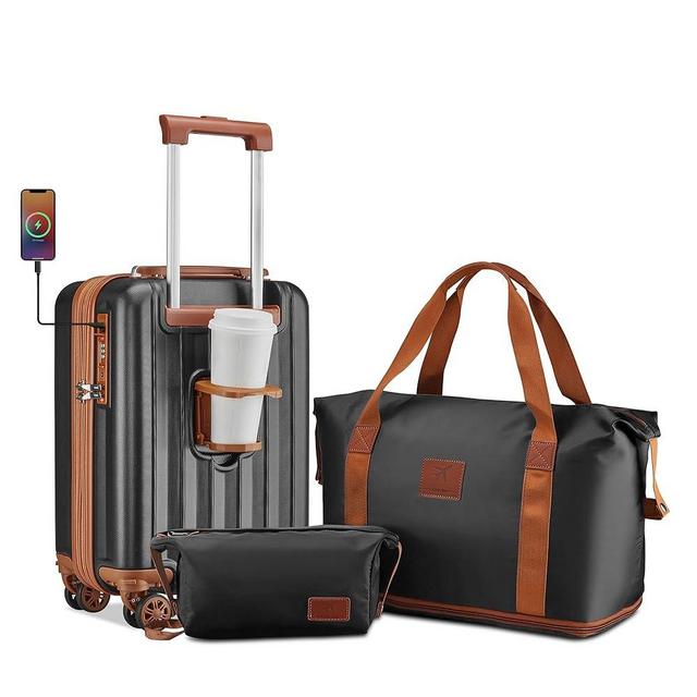 imiomo Carry on Luggage 18 Inch Suitcases with Wheels, Expandable Carry on Suitcase with USB Port and Cup Holder, Hardside Travel Luggage Set with TSA Lock, Black Brown