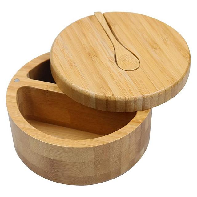 2-Compartment Bamboo Salt Cellar with Mini Spoon by HTB, Salt and Pepper Container with Swivel Magnetic Lid to Keep Dry