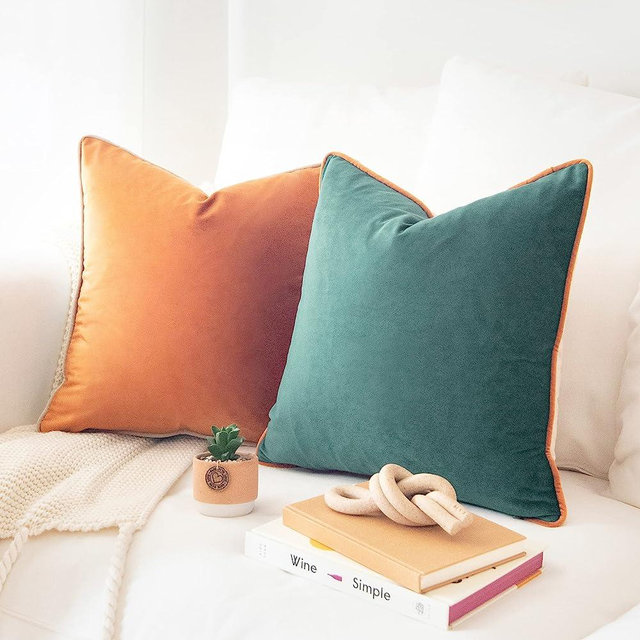 MONDAY MOOSE Decorative Throw Pillow Covers Cushion Cases, Set of 2 Soft Velvet Modern Double-Sided Designs, Mix and Match for Home Decor, Pillow Inserts Not Included (20x20 inch, Orange/Green)