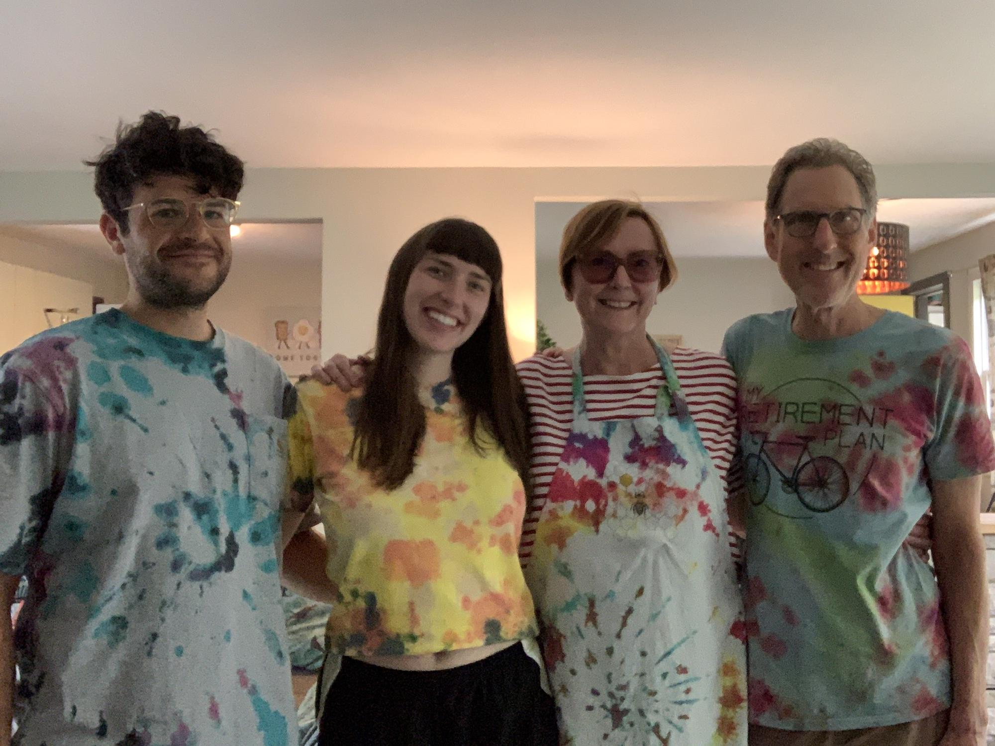 A family of tye-dyers in Michigan in 2020. Brendan, Lena, Joan, and Richard Lazar.