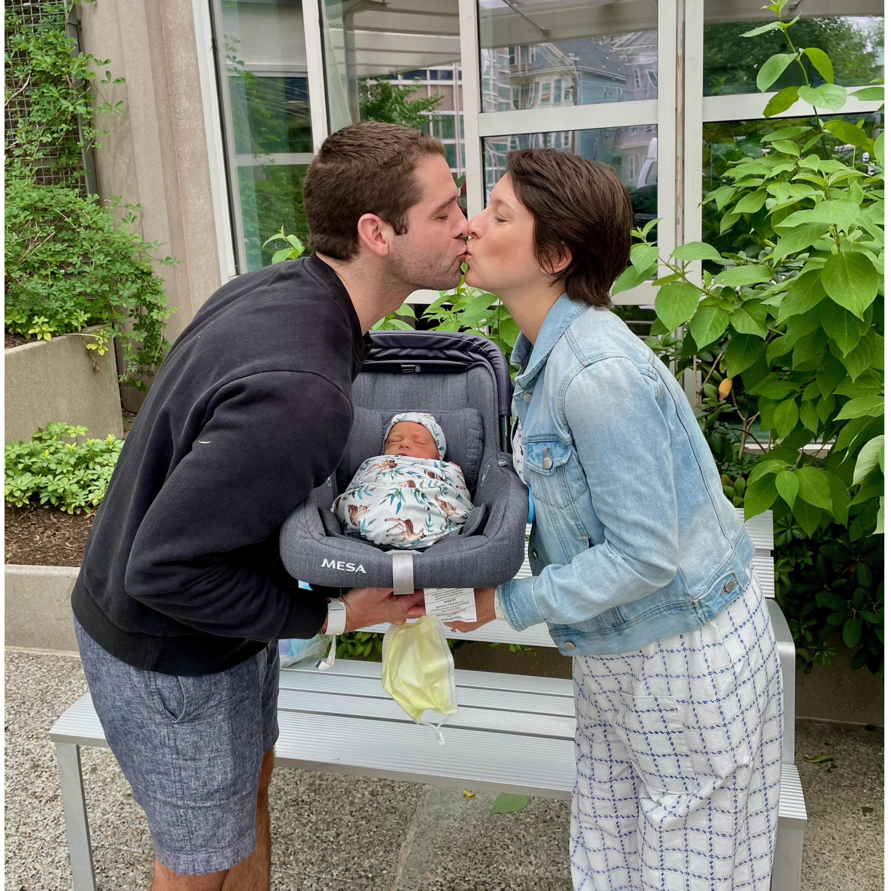 Us leaving the hospital for the first time as a family of 3!