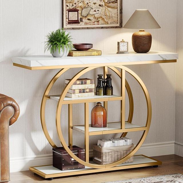 Tribesigns 41.3" Console Table, Industrial 4-Tier Sofa Table Entryway Table with Circle Base, Narrow Wood Accent Tables with Storage Shelves for Living Room, Hallway, Foyer, White Gold