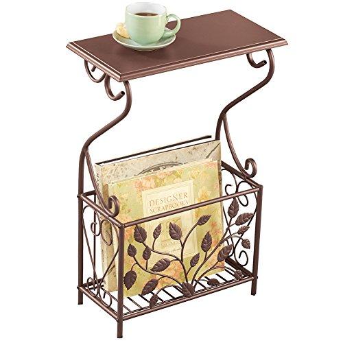 Scroll Leaves Iron and Wood Magazine Holder Side Table, Bronze Colored Finish