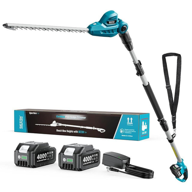 SEESII Pole Hedge Trimmer Cordless: Electric Bush Trimmer Tool for Yard - 16" Dual-Action Blade, Detachable Telescoping Pole, Dual 4.0Ah Battery, Powerful Branches Cutter for Tree & Shrubs Pruning