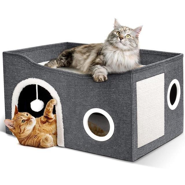 Heeyoo Cat House for Indoor Cats - Large Cat Bed Cave with Fluffy Ball and Scratch Pad, Foldable Cats Houses & Condos, Cat Hideaway, Covered Kitty Bed for Multi Small Large Kitty, 23.8x15.9x13.2 Inch