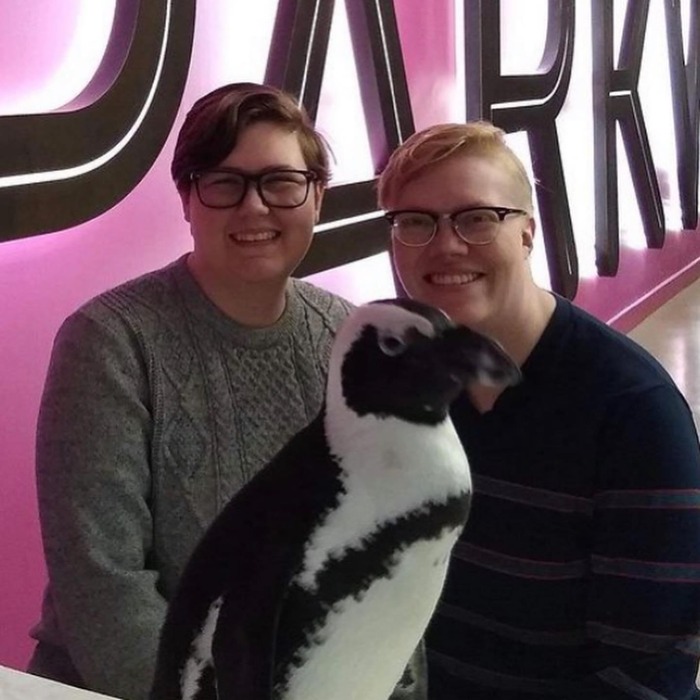 Us meeting a (real!) penguin at an event for Chris' old job.
