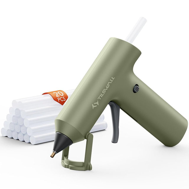Tilswall Cordless Hot Glue Gun, Fast Preheating, Glue Gun and Sticks Set with 2Ah USB-C Rechargeable, 20 Premium Glue Sticks(7×140mm), Ideal for Crafts, DIY Making, Repairs W106s Olive Green