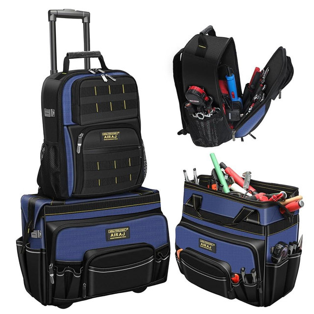 AIRAJ 21" Rolling Tool Bag with Wheels & 18" Tool Backpack Set | Adjustable Telescoping Handle | Waterproof Tool Bag | Tool Backpack Heavy Duty | 1680D Oxford Cloth | USB Charging Port | 55 Pockets