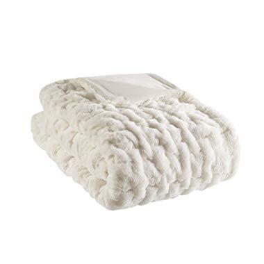 Madison Park Ruched Fur Luxury Throw Ivory 5060    Premium Soft Cozy Brushed Long Fur For Bed, Coach or Sofa