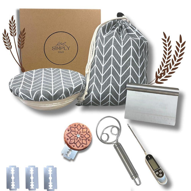 Simply H&K Sourdough Bread Baking Supplies - All-in-One Sourdough Bread Kit with Thermometer & Bread Bag - Sourdough Bread Proofing Basket - Sourdough Bread Making Kit - Sour Dough Kit - Gift Giving
