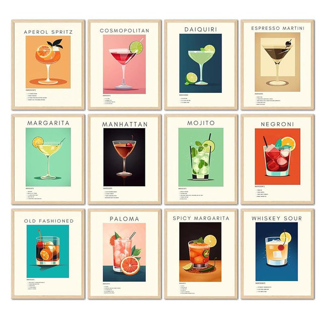 TRAMIN 12pcs Vintage Cocktail Poster, Retro Cocktail Wall Art, Bar Cart Accessories and Decor, Funky Drink Aesthetic Pictures, Colorful Preppy Bar Art Prints for College Dorm Apartment (8x10 UNFRAMED)