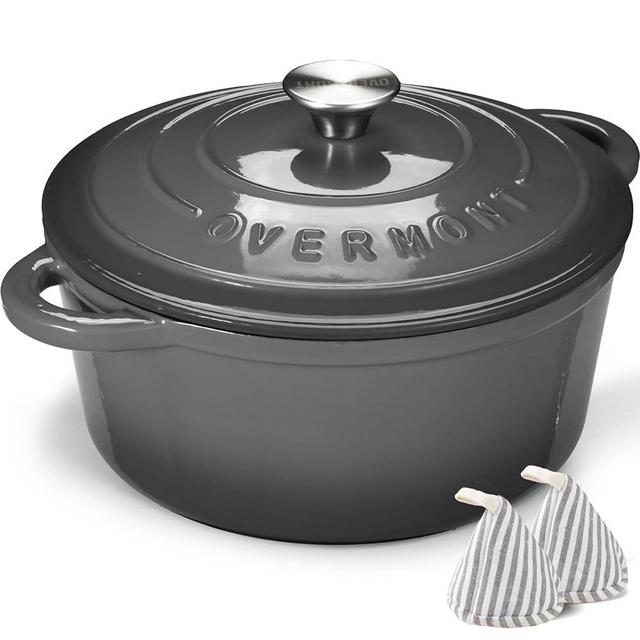 Overmont Enameled Cast Iron Dutch Oven - 5.5QT Pot with Lid Cookbook & Cotton Potholders - Heavy-Duty Cookware for Braising, Stews, Roasting, Bread Baking grey