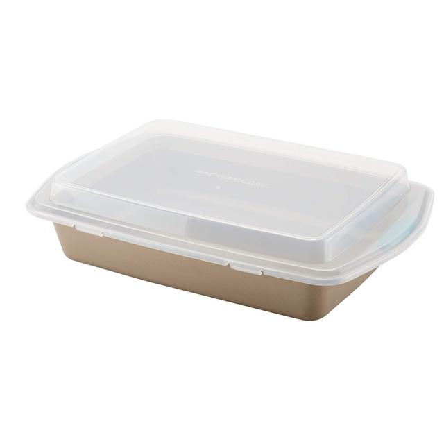 Rachael Ray 47551 Cucina Nonstick Baking Pan With Lid and Grips/ Nonstick Cake Pan With Lid and Grips, Rectangle - 9 Inch x 13 Inch, Brown