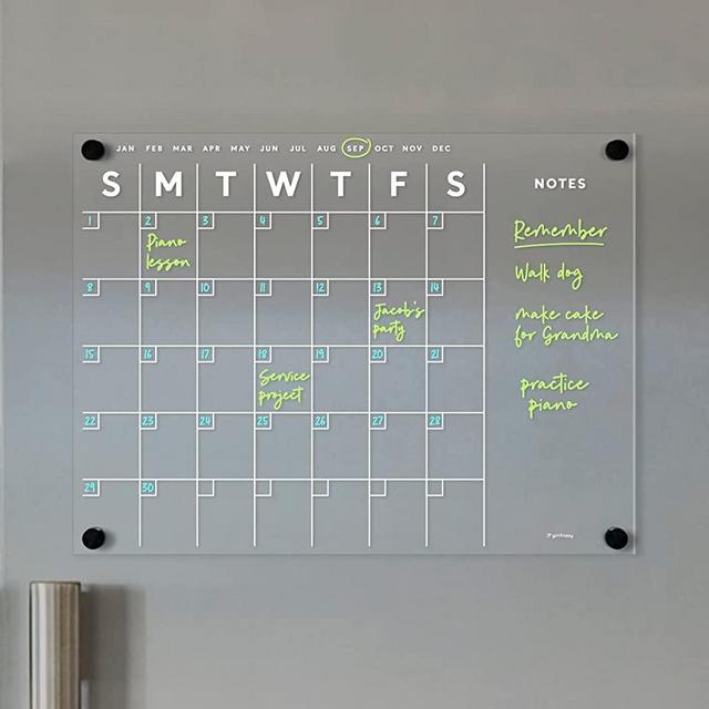 Magnetic Acrylic Month/Side Note Calendar for Fridge, Wet/Dry-Erase Board for Refrigerator, Includes Magnetic Wet-Erase Marker, Optional Color Marker Set