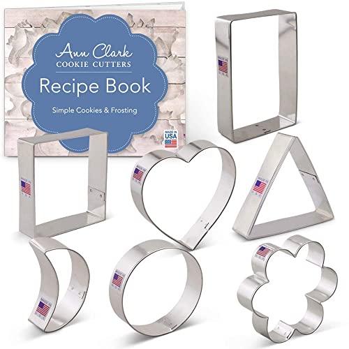Ann Clark Cookie Cutters 7-Piece Geometric Classic Shape Cookie Cutter Set with Recipe Booklet, Heart, Circle, Square, Rectangle, Triangle, Crescent Moon, Flower